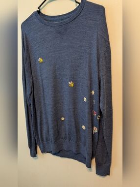 Goodthreads Navy Crewneck 100% Merino Wool Sweater Bee Floral Upcycled